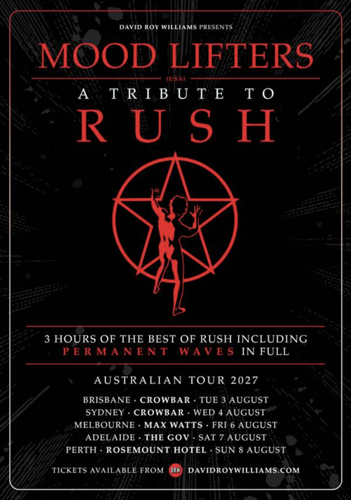 Mood Lifters A Tribute to Rush Australian Tour 2027 poster featuring the red Starman logo on black with August concert dates.
